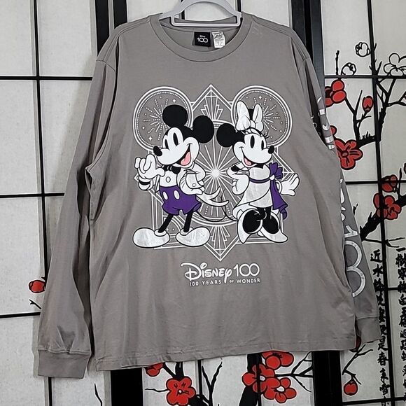 Disney Parks 100 Years of Wonder Mickey & Minnie Gray Long Sleeve Shirt Size L - Picture 2 of 8